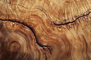 Closeup of Natural Wood Grain Patterns with Tree Rings and Cracks in Rustic Brown Tones photo