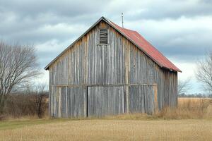 Rustic Wooden Barn with Red Roof in Open Field on Cloudy Day with Bare Trees and Dry Grass photo