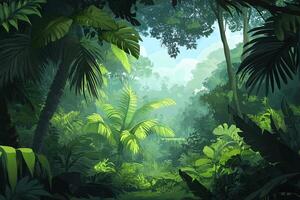 Lush Tropical Rainforest Jungle With Dense Green Foliage Sunlight Filtering Through Trees photo