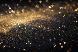 Golden Glitter Sparkles Scattered on Black Background with Abstract Bokeh Light Effect photo