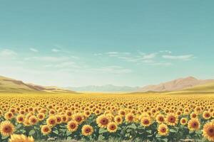 Vast Sunflower Field Under Clear Blue Sky with Distant Mountains and Rolling Hills in Background photo