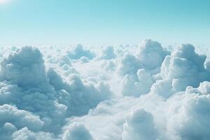 Fluffy White Cloudscape Under Clear Blue Sky with Bright Sunlight Above Horizon photo