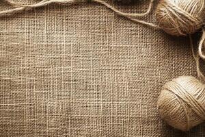 Natural Burlap Texture Background with Jute Twine Balls for Crafts and Rustic DIY Projects photo