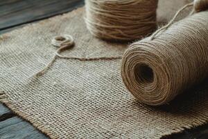 Closeup of Natural Hemp Twine Roll on Burlap Fabric with Wooden Rustic Background for Craft DIY Projects photo