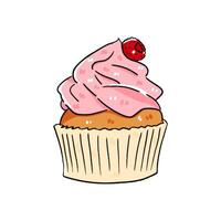 hand drawn raspberry cupcake doodle with isolated white background vector