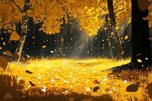 Golden Autumn Forest Path with Falling Leaves and Warm Sunlight in Serene Woodland Landscape photo