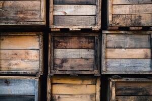 Rustic Wooden Storage Crates Stacked in Rows with Weathered Wood Texture for Packaging or Decoration photo