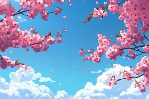 Pink Cherry Blossom Branches Framing Blue Sky With White Clouds And Falling Petals In Spring photo