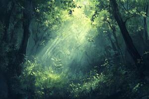 Sunlight Streaming Through Dense Green Forest Canopy with Lush Vegetation and Tranquil Atmosphere photo