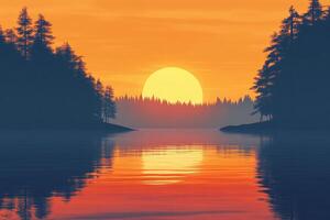 Serene Sunset Over Calm Lake with Pine Forest Silhouette and Vibrant Orange Sky Reflection photo