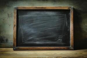 Rustic Wooden Framed Blackboard on Vintage Wooden Table with Worn Green Wall Background photo