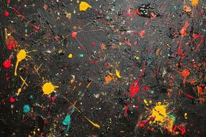 Abstract Splatter Paint Artwork with Vibrant Red Yellow Blue on Textured Black Background for Artistic Design photo