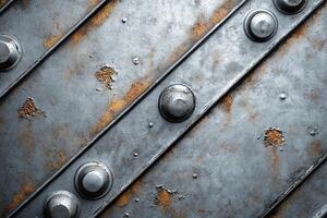Closeup of Weathered Metal Surface with Rusted Bolts and Riveted Steel Panels in Industrial Design photo