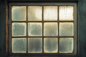 Weathered Frosted Glass Window with Light Reflection and Rustic Wooden Frame in Vintage Interior photo