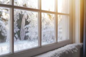Frost Patterns on Clear Glass Window with Snowy Landscape and Warm Sunlight Indoors View Winter Scene photo