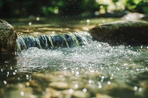 Crystal Clear Stream Waterfall With Sparkling Light And Stones In Forest Nature Setting photo