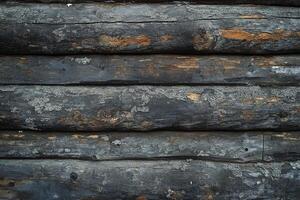 Closeup of rustic weathered wooden logs with natural cracks and lichen texture outdoors background photo