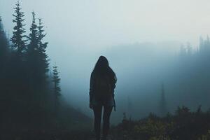 Silhouette of Woman in Forested Meadow with Foggy Blue Morning Sky and Tall Evergreen Trees photo