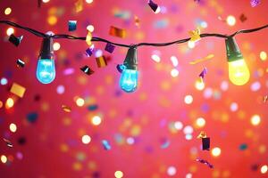 Vibrant String Lights with Blue and Yellow Bulbs Against Pink Background with Falling Confetti photo