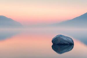 Serene Misty Lake with Calm Waters Reflecting Stone at Sunrise in Soft Pastel Hues and Mountains photo