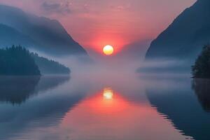 Serene Sunrise Over Misty Lake Surrounded by Tree Covered Mountains Reflecting in Calm Water photo