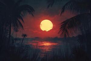 Tropical Sunset Over Calm River with Vibrant Orange Sky and Silhouetted Palm Trees in Serene Landscape photo