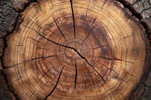 Closeup of Tree Trunk Cross Section with Annual Growth Rings and Natural Cracks in Warm Brown Tones photo