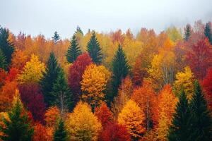 Vibrant Autumn Forest With Green Pines And Colorful Trees In A Misty Mountain Landscape photo