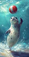 Playful Seal Balancing Red White Ball in Clear Ocean Water with Splashing Waves and Bubbles photo