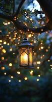 Vintage Lantern Hanging on Tree Branch Illuminated with Warm String Lights in a Serene Garden at Twilight photo
