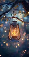 Rustic Vintage Lantern Hanging from Tree Branch with Glowing Lights in Enchanted Forest at Twilight photo