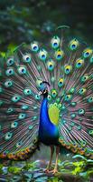 Vivid Peacock Displaying Colorful Feathers in Natural Forest Background for Nature and Wildlife Themes photo
