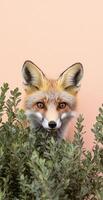Red Fox Face Close-Up with Bushes and Soft Peach Background photo