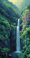 Tall Cascading Waterfall Surrounded by Lush Green Jungle and Steep Rocky Cliffs in Tropical Valley photo