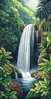 Tropical Waterfall Flowing Into Clear Pool Surrounded by Lush Green Jungle Plants and Rocky Landscape photo