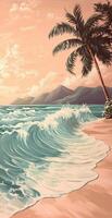Tropical Beach Palm Tree Ocean Waves with Sunset Sky and Majestic Mountains in Background photo
