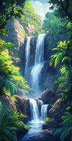 Tropical Waterfall Cascading Over Rocky Hills Surrounded By Greenery And Lush Forest photo
