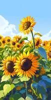 Bright Sunflowers in a Vibrant Field with Green Leaves and Blue Sky on a Sunny Day photo