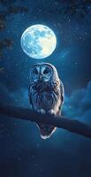 Majestic White Owl Perched on Tree Branch at Night with Full Moon and Starry Sky in Background photo