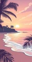 Tropical Beach Sunset with Palm Trees Pink Sky and Gentle Ocean Waves on Sandy Shoreline photo