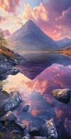 Majestic Mountain Over Serene Lake Reflecting Vibrant Sunset Clouds And Rocky Shoreline Scenery photo