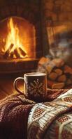 Cozy Hot Chocolate Mug with Snowflake Design by Warm Fireplace on Rustic Blankets in Winter Setting photo