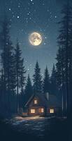 Rustic Cabin in Pine Forest Under Full Moonlight and Starry Sky with Illuminated Windows at Night photo
