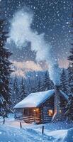 Cozy Snow Covered Log Cabin With Smoke From Chimney Surrounded By Pine Forest In Winter Evening photo