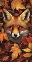 Red Fox Face Surrounded by Vibrant Orange and Yellow Autumn Leaves in a Forest Setting photo