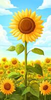 Bright Yellow Sunflower Closeup in Bloom with Green Grass and Blue Sky in Vibrant Sunlit Field photo