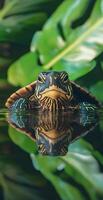Close Up of Freshwater Turtle Face Reflection in Water with Vibrant Green Leaves Background photo