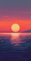 Vibrant Sunset Over Serene Ocean Reflecting Warm Orange Sky with Distant Hills and Soft Calm Waves photo