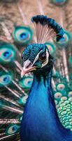 Vivid Blue Peacock Closeup With Patterned Feathers and Natural Background Displaying Elegance photo