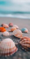 Close Up of Assorted Seashells on Sandy Beach with Ocean Waves and Soft Blue Sky in Background photo